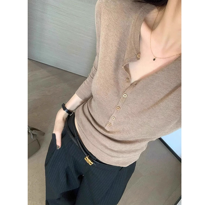 Women'S Fashion Tops - Women Long Sleeved Top V-neck Button