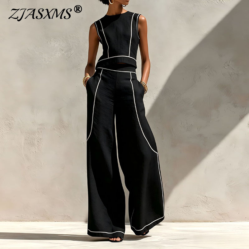Wide Leg Palazzo Pants - Vintage Striped Print Two Piece Suit