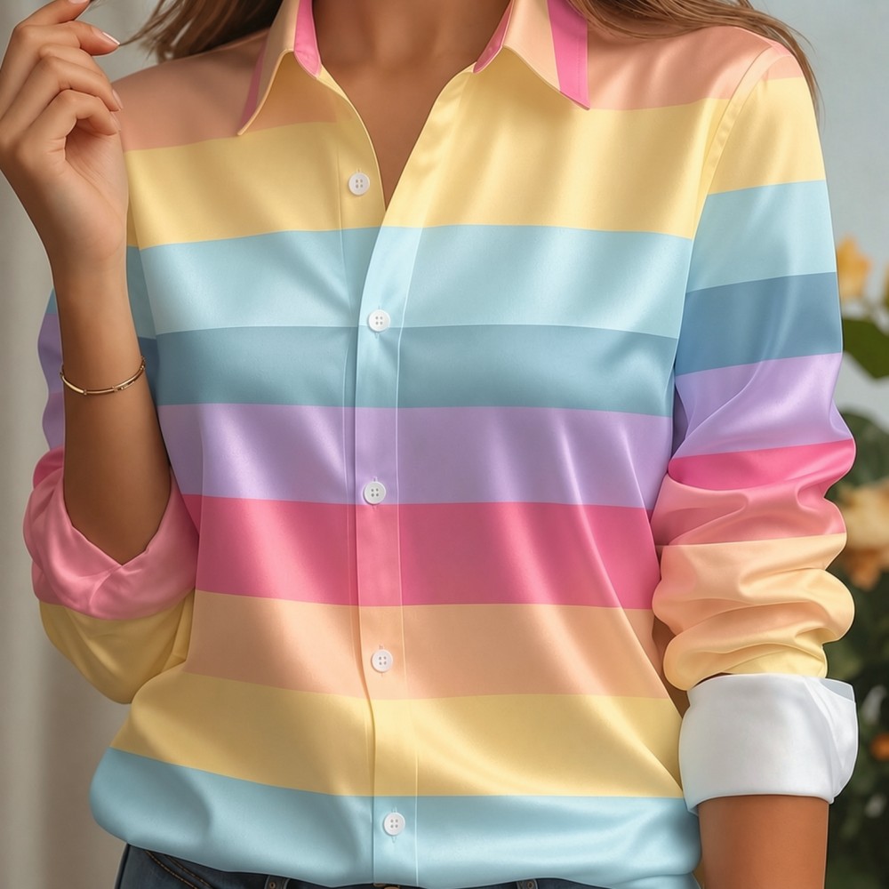 Women Fashion Wear - Women Satin Lapel Collar Shirt Pastel
