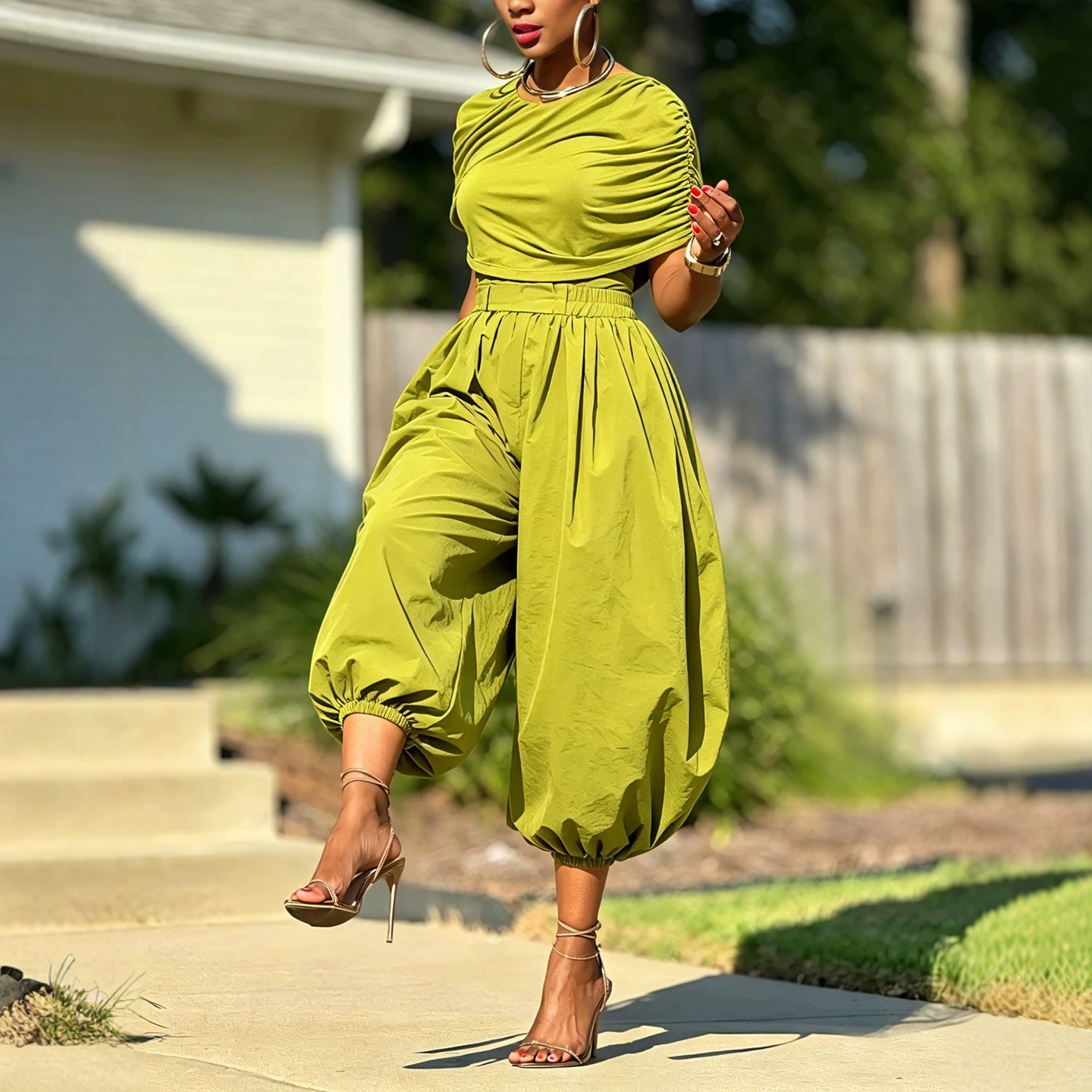 Two Piece Matching Set Ruched  - огляд і ціна Wide Leg Palazzo Pants