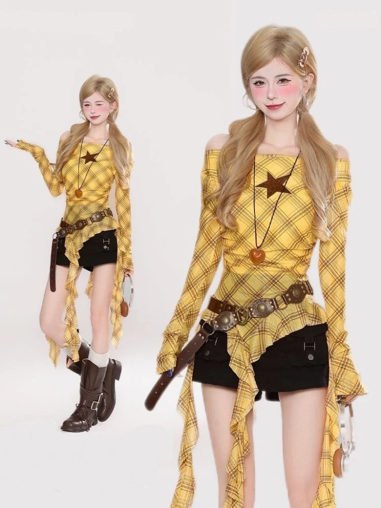 Y2K Plaid Slash Neck Vintage T - огляд і ціна Women'S Fashion Tops