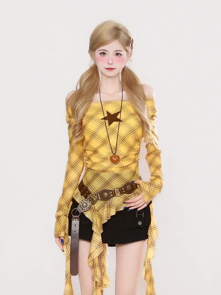 Y2K Plaid Slash Neck Vintage T - огляд і ціна Women'S Fashion Tops