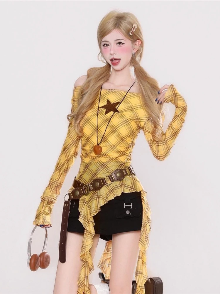 Y2K Plaid Slash Neck Vintage T - огляд і ціна Women'S Fashion Tops